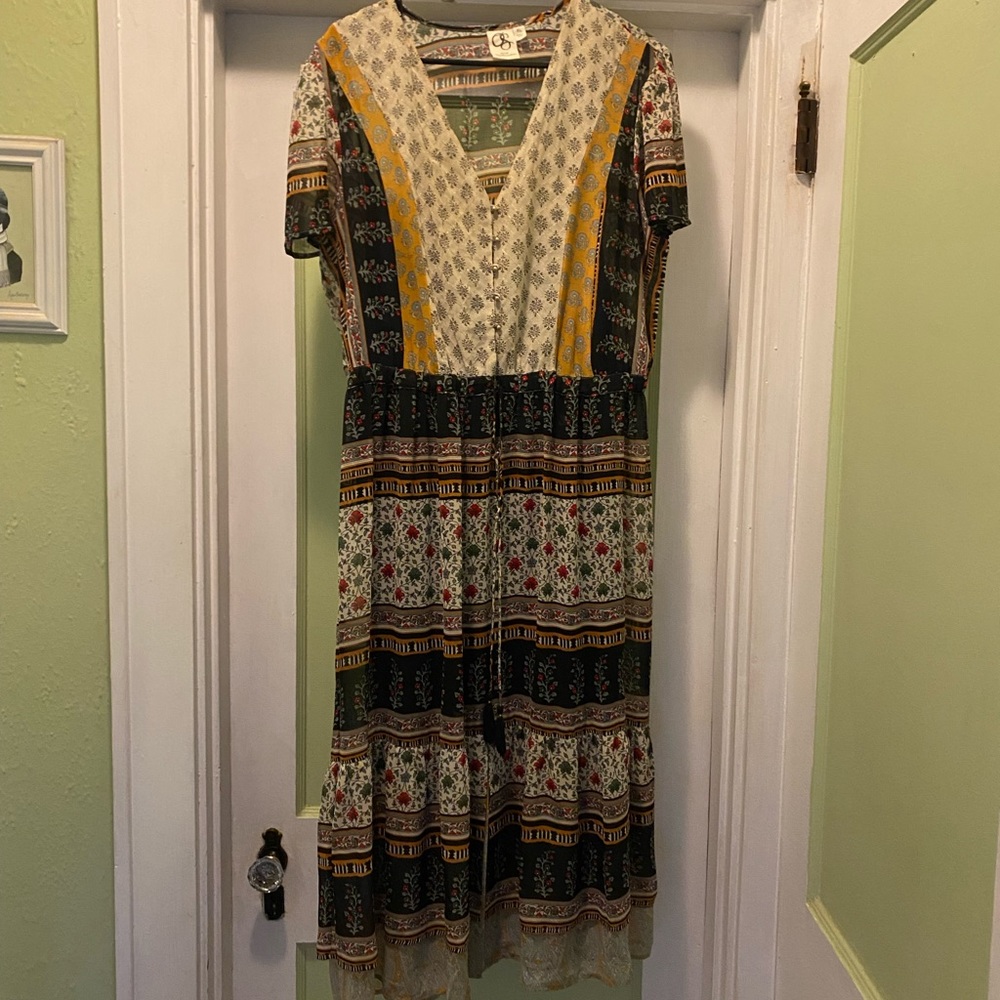 Boho Floral V-Neck Midi Dress - Yellow & Green